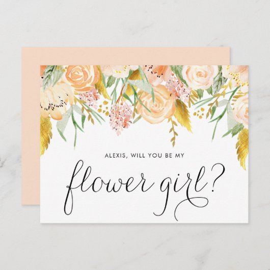 桃の花のゴールド箔　あなたは私のフラワーガールになってくれる？ インビテーションポストカード (正面/裏面)