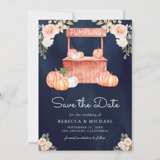 桃の花のデザインが施されたかぼちゃのマーケットの写真 ネイビーのウェディング セーブザデート (正面)
