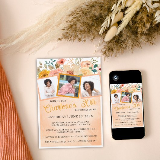 桃の花のフォト誕生日パーティー招待状 招待状