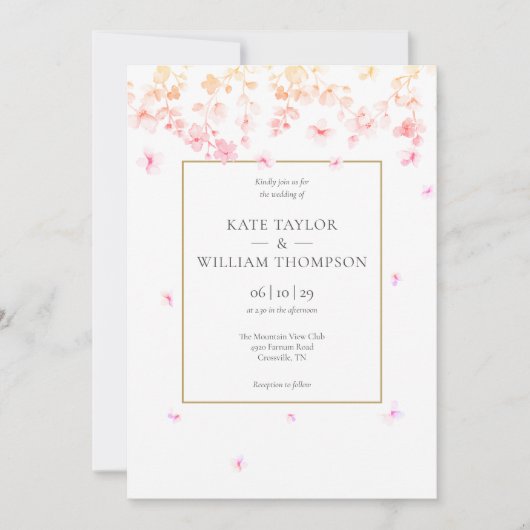 桃の花のフローラ結婚写真 招待状 (正面)