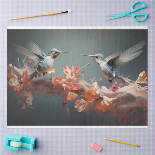 桃の花の上を羽ばたいているトンボの切り株 薄葉紙 (クラフト)