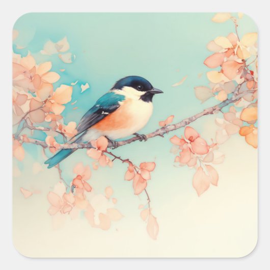 桃の花の夢に黒いキャップの《鳥》アメリカゴガラ スクエアシール (正面)