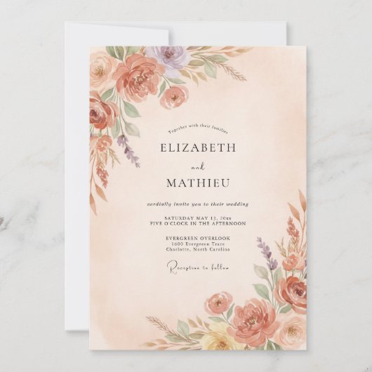 桃の花の幻想的な華やかさの結婚式 招待状 (正面)