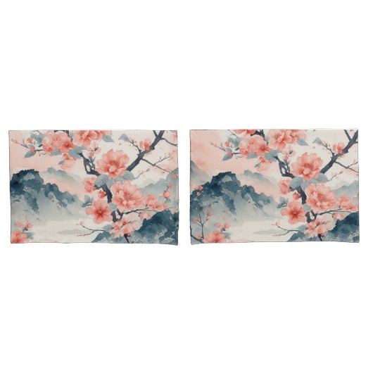 桃の花の日本風景 枕カバー (フロントセット)