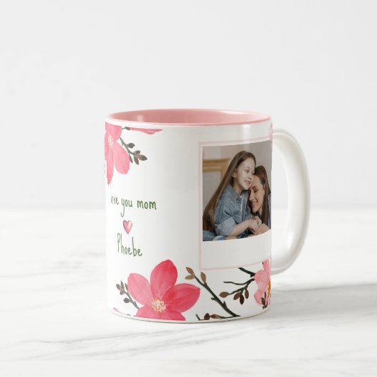 桃の花の水の色の母の日の写真マグカップ ツートーンマグカップ (正面右)