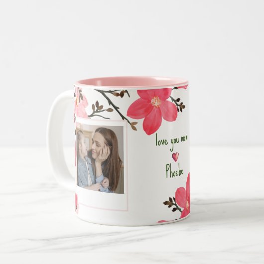 桃の花の水の色の母の日の写真マグカップ ツートーンマグカップ (正面左)
