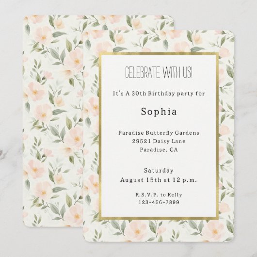 桃の花の誕生日 招待状 (正面/裏面)