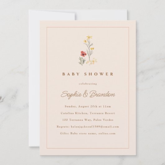 桃の花の野の花 カップル ベビーシャワー 招待状 (正面)
