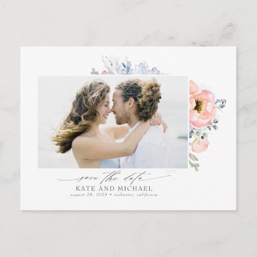 桃の花ほこりっぽいブルー日付の写真を保存 案内ポストカード (正面)