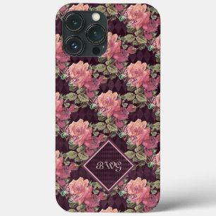 桃の花を紫のダイヤモンドに描くモノグラム iPhone 13 PRO MAXケース