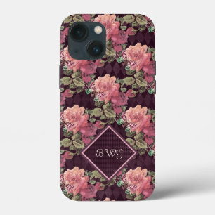 桃の花を紫のダイヤモンドに描くモノグラム iPhone 13 MINIケース