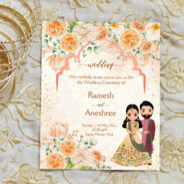 桃の花インディアンカップル結婚式の招待テンプラ