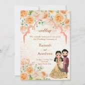 桃の花インディアンカップル結婚式の招待テンプラ 招待状 (正面)