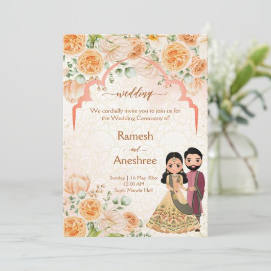 桃の花インディアンカップル結婚式の招待テンプラ 招待状 (スタンド正面)