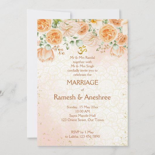 桃の花インディアンカップル結婚式の招待テンプラ 招待状 (裏面)