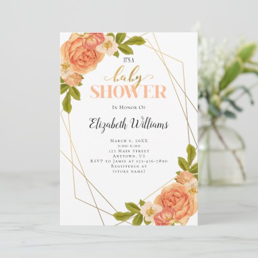 桃の花ジオメトリックフレームベビーシャワー 招待状 (スタンド正面)