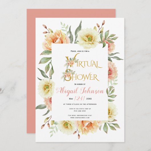 桃の花バーチャルベビーまたはブライダルシャワー 招待状 (正面/裏面)