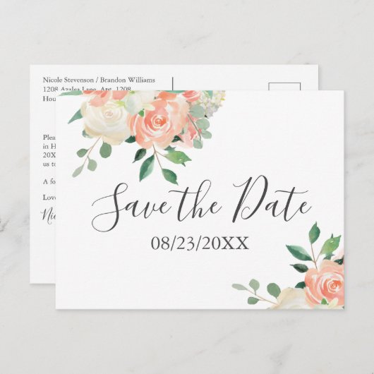 桃の花束結婚式の日付を保存 ポストカード (正面/裏面)