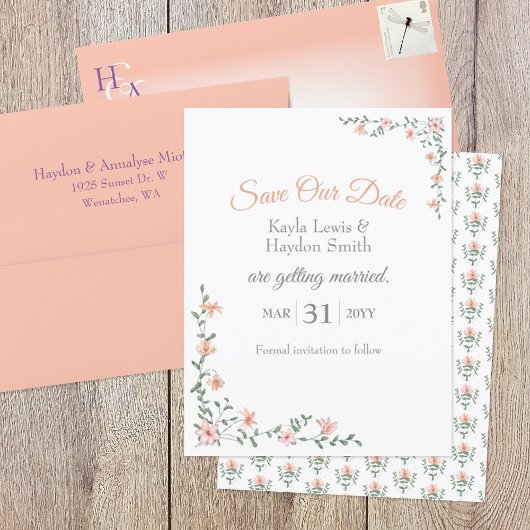 桃の花束結婚式の日付を保存 招待状