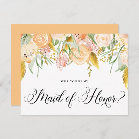 桃の花金ゴールド私のメイド・オブ・オーナー（花嫁付き添い人） インビテーションポストカード (正面/裏面)