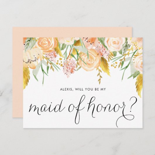 桃の花金ゴールド私のメイド・オブ・オーナー（花嫁付き添い人） インビテーションポストカード (正面/裏面)