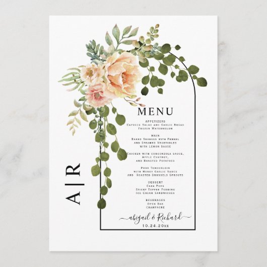 桃の花、アーチおよびモノグラム秋の結婚式 メニュー (正面)