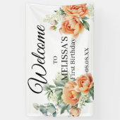 桃の花 コーラル グリーンウェルカム ファースト バースデー サイン 横断幕 (縦)