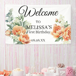 桃の花 コーラル グリーン ウェルカム ファースト バースデー サイン 横断幕