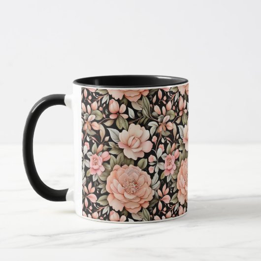 桃の花 フローラル 水彩 グリーンリーフ マグカップ (左)