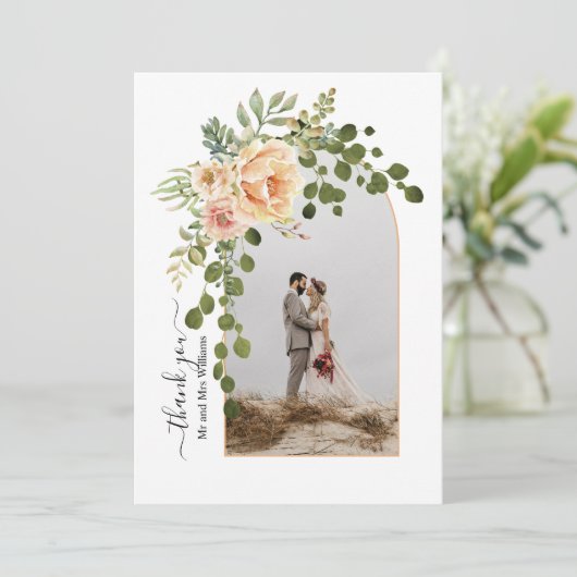 桃の花、写真秋の結婚式付きアーチ サンキューカード (スタンド正面)