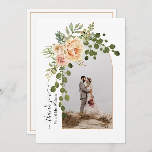 桃の花、写真秋の結婚式付きアーチ サンキューカード (正面/裏面)