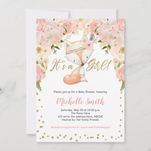 桃の花、狐、森の赤ちゃん女の子のシャワー 招待状 (正面)