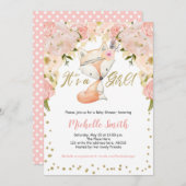 桃の花、狐、森の赤ちゃん女の子のシャワー 招待状 (正面/裏面)