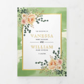 桃の花、葉セージグリーンフローラ結婚ズ 三つ折り招待状 (カバー)