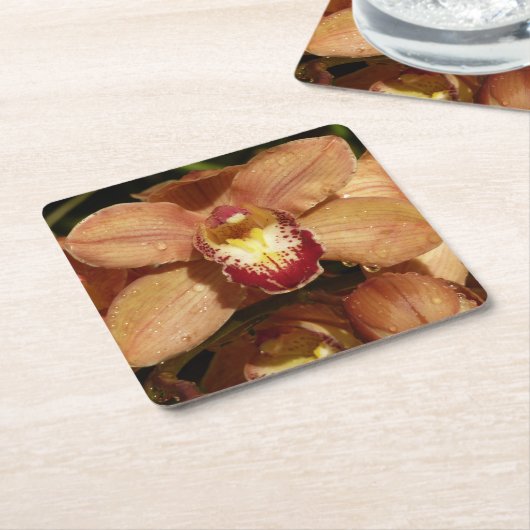 桃の蘭と雨滴フローラ スクエアペーパーコースター (アングル)