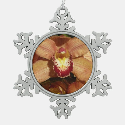 桃の蘭と雨滴フローラ スノーフレークピューターオーナメント (正面)