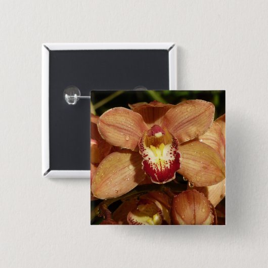 桃の蘭と雨滴フローラ 缶バッジ (正面&裏面)