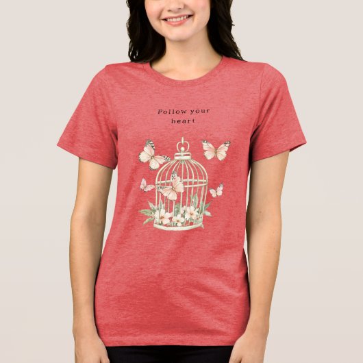桃の蝶々おり花柄 トライブレンドTシャツ (正面)