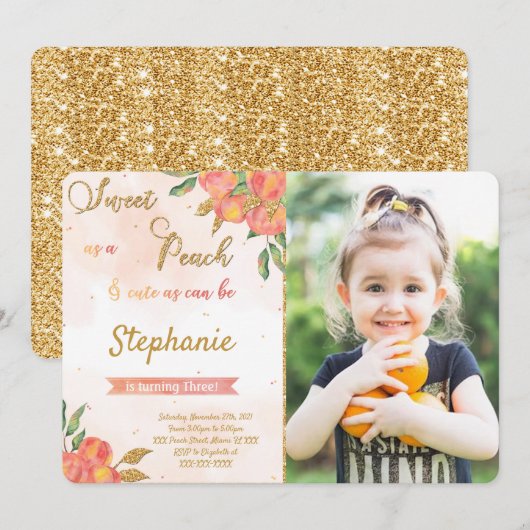 桃の誕生日写真招待状 招待状 (正面/裏面)