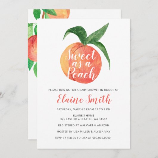 桃の赤ちゃん男女兼用のシャワー 招待状 (正面/裏面)