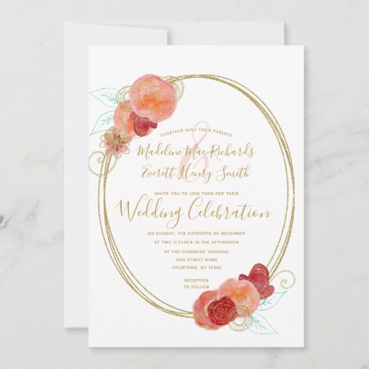 桃の赤 ゴールド フローラルリース ウェディング 招待状 (正面)