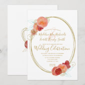 桃の赤 ゴールド フローラルリース ウェディング 招待状 (正面/裏面)