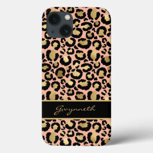 桃の金ゴールド・ブラック・レパード・プリント iPhone 13ケース
