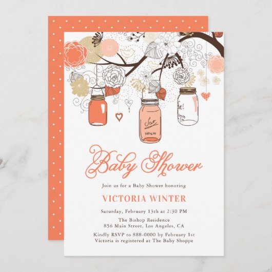 桃ぶら下がったのメイスンジャースベイビーシャワー 招待状 (正面/裏面)