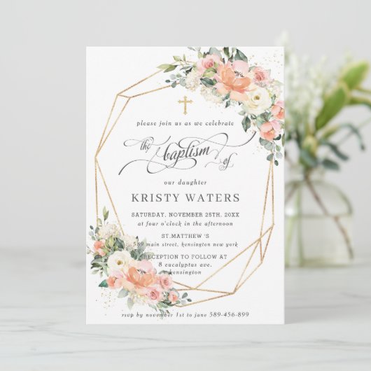 桃アイボリーピンクフローラグリーナリーバプティスジオメトリック 招待状 (スタンド正面)