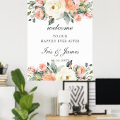 桃アイボリーピンクフローラ結婚のウェルカムサイン ポスター (ホームオフィス)