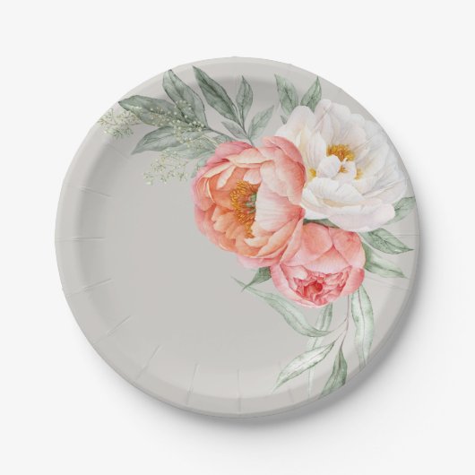 桃エレガントとアイボリーの水色フローラ ペーパープレート (正面)