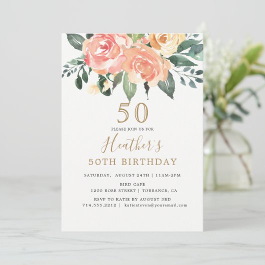 桃エレガントと金ゴールドフローラ50TH誕生日 招待状 (スタンド正面)