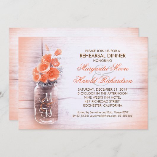 桃エレガントの花のメイスンジャーのリハーサル 招待状 (正面/裏面)