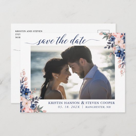 桃エレガントネイビーブルーフローラ写真の保存日付 ポストカード (正面/裏面)